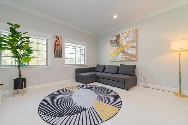 living room featuring ornamental molding and light carpet