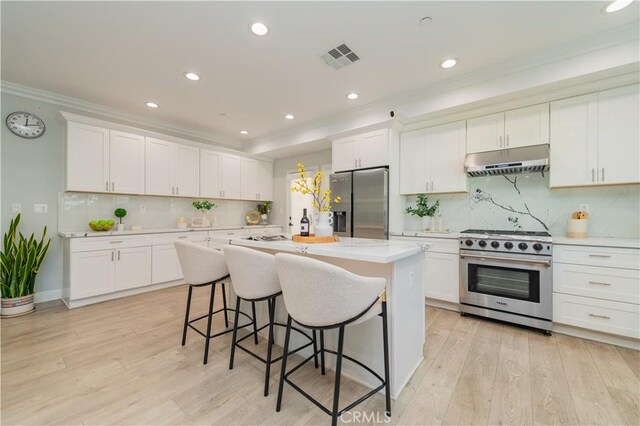 kitchen featuring stainless steel appliances, an island with sink, white cabinets, and a kitchen breakfast bar