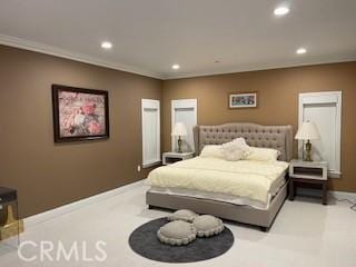 bedroom featuring baseboards, crown molding, and recessed lighting