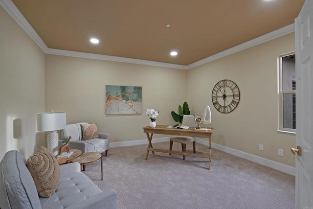 carpeted office space featuring crown molding