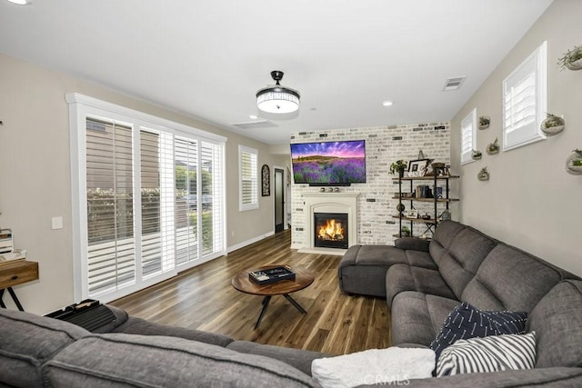 living room featuring a fireplace and wood-type flooring