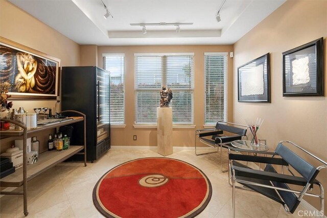 sitting room with a raised ceiling, light tile patterned floors, and track lighting