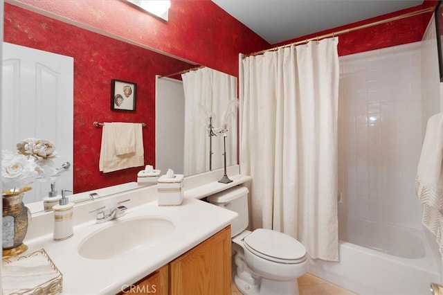 full bathroom featuring shower / bathtub combination with curtain, vanity, toilet, and tile patterned floors