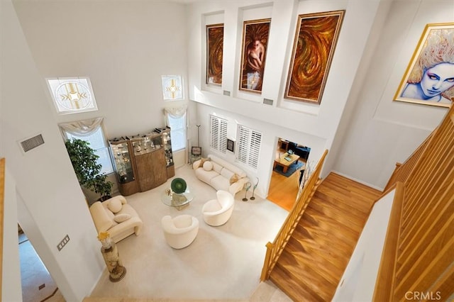 living room featuring hardwood / wood-style flooring and a towering ceiling