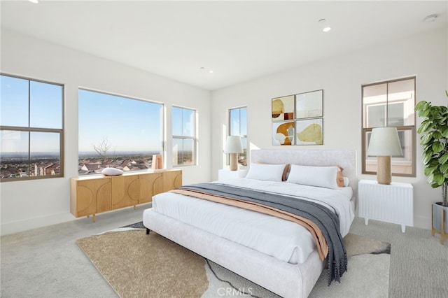 bedroom with light carpet