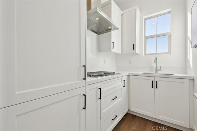 kitchen featuring sink, wall chimney range hood, white cabinets, and dark hardwood / wood-style flooring