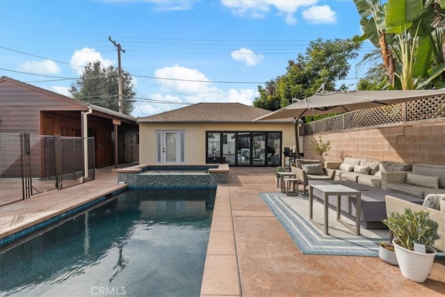 view of pool with a patio area, outdoor lounge area, and an in ground hot tub