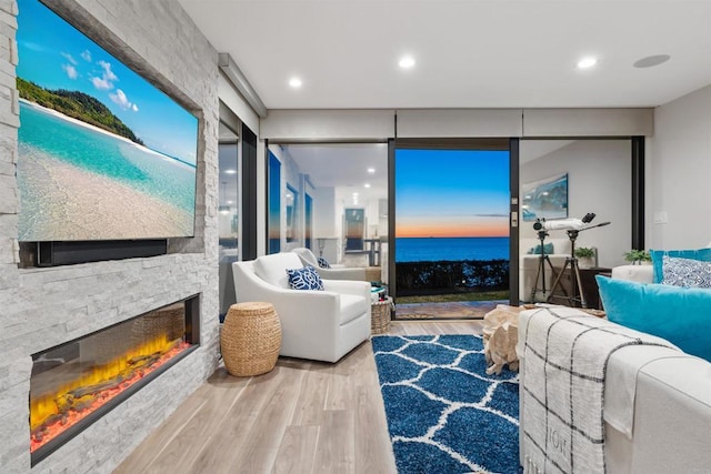 living room with a water view, a stone fireplace, and light hardwood / wood-style flooring