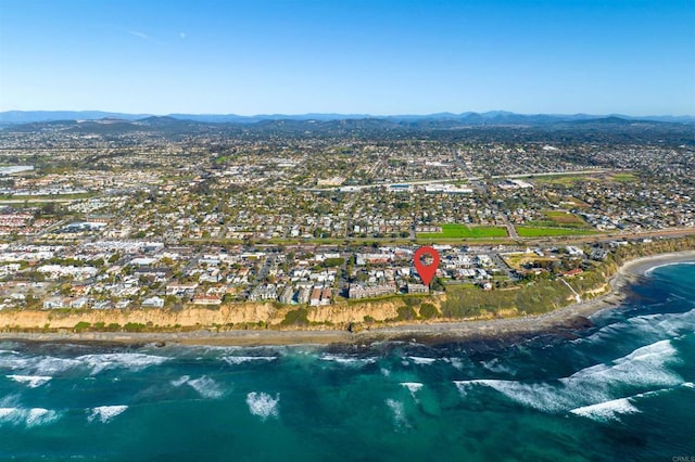 bird's eye view featuring a water and mountain view