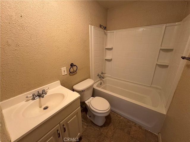 full bathroom with toilet, vanity, and bathing tub / shower combination