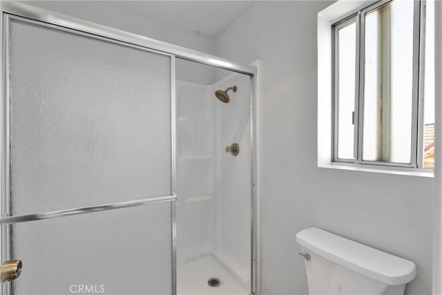 bathroom featuring toilet and a shower with door