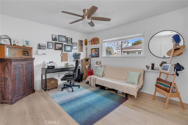 office area featuring ceiling fan and light hardwood / wood-style floors