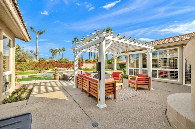 view of patio with an outdoor living space and a pergola