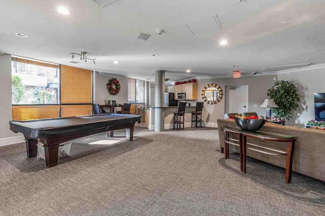 game room with carpet and billiards