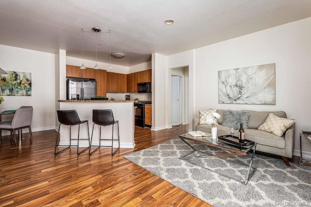 living room with dark hardwood / wood-style flooring