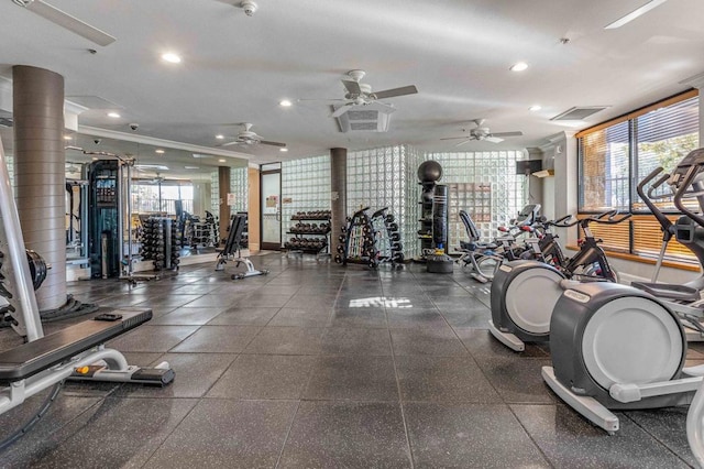 workout area with ceiling fan and plenty of natural light