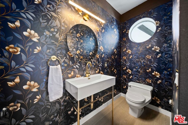 bathroom with toilet, wood-type flooring, and sink