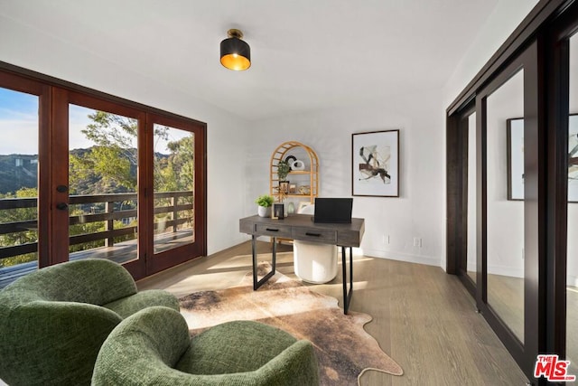 office area featuring light wood-type flooring and french doors