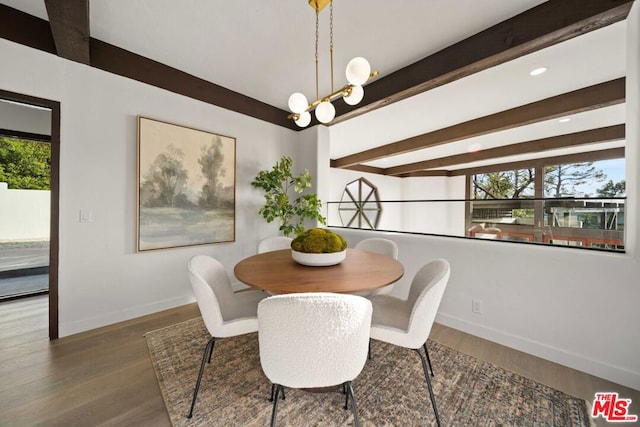 dining room with a chandelier, dark hardwood / wood-style floors, and beamed ceiling