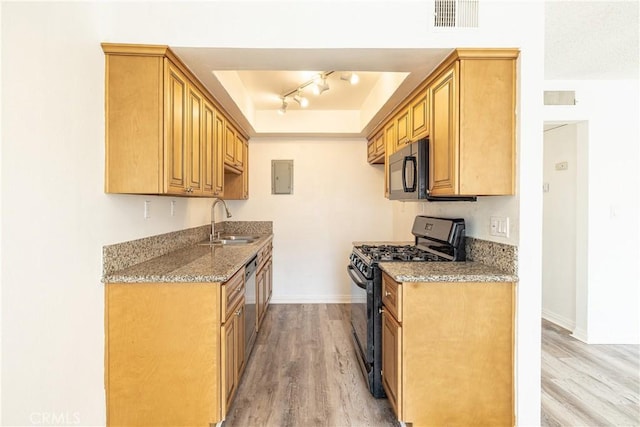 kitchen featuring black appliances, sink, stone countertops, a raised ceiling, and light wood-type flooring