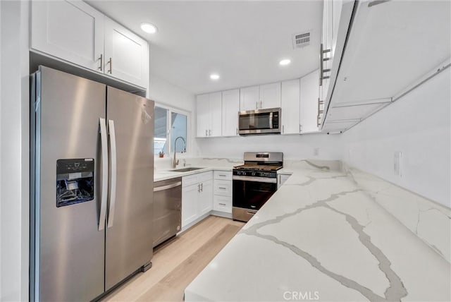 kitchen featuring light stone countertops, white cabinets, appliances with stainless steel finishes, light hardwood / wood-style floors, and sink