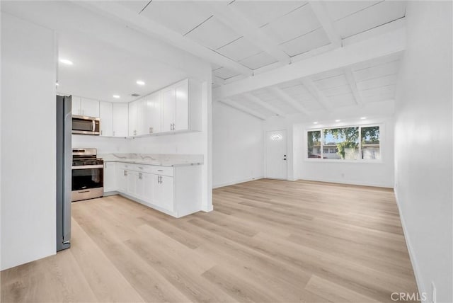 unfurnished living room featuring wooden ceiling, vaulted ceiling with beams, and light wood-type flooring