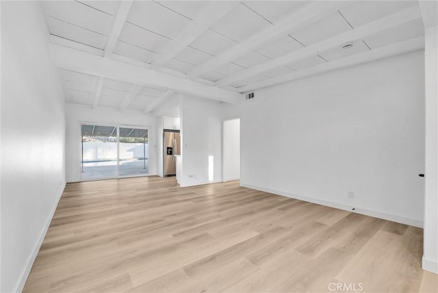 unfurnished living room with light hardwood / wood-style floors, wood ceiling, and vaulted ceiling with beams