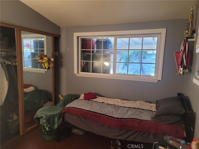 bedroom featuring a closet and lofted ceiling