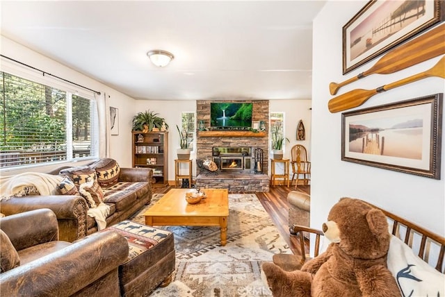 living room featuring a fireplace and hardwood / wood-style flooring