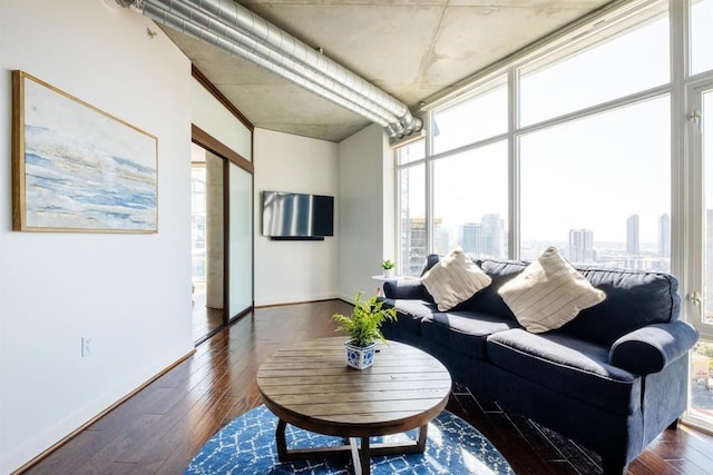 living room featuring dark hardwood / wood-style floors and floor to ceiling windows