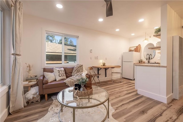 living room with light hardwood / wood-style floors and sink