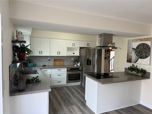 kitchen featuring white cabinetry, stainless steel appliances, decorative backsplash, kitchen peninsula, and island range hood