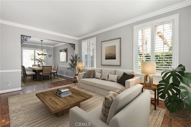 living room with hardwood / wood-style flooring and ornamental molding