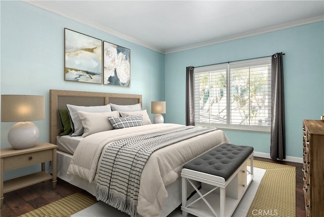 bedroom with dark hardwood / wood-style flooring and ornamental molding