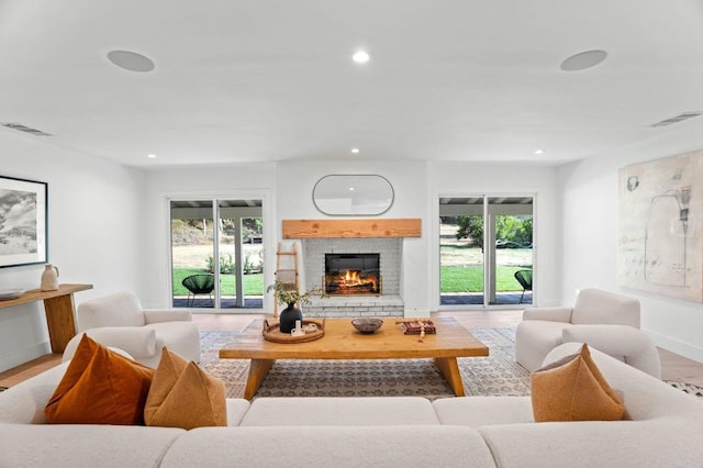 living room featuring a wealth of natural light, a fireplace, and wood-type flooring