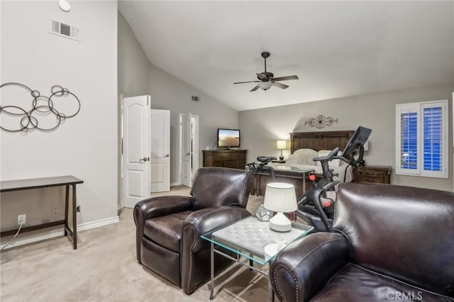 bedroom with light carpet, ceiling fan, visible vents, and baseboards