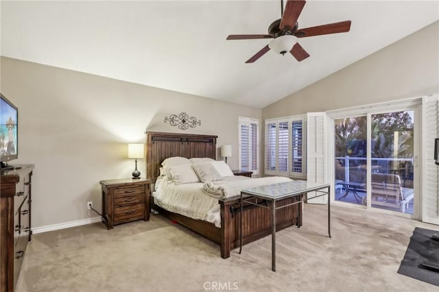 bedroom featuring lofted ceiling, light colored carpet, a ceiling fan, baseboards, and access to exterior