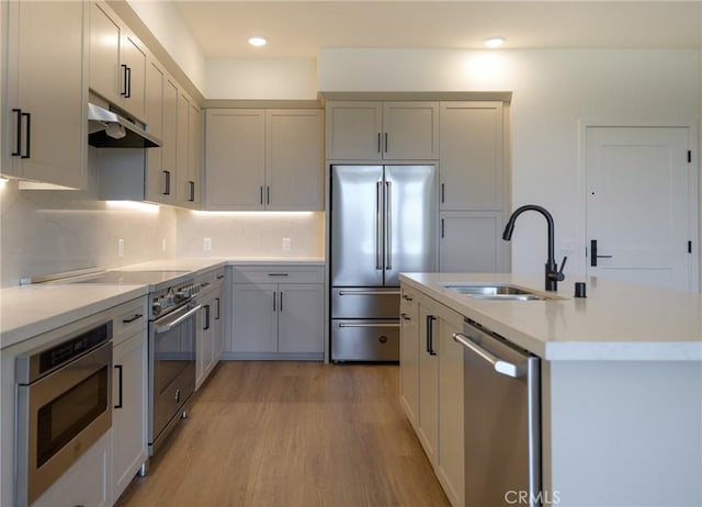 kitchen with light hardwood / wood-style floors, decorative backsplash, sink, a kitchen island with sink, and appliances with stainless steel finishes