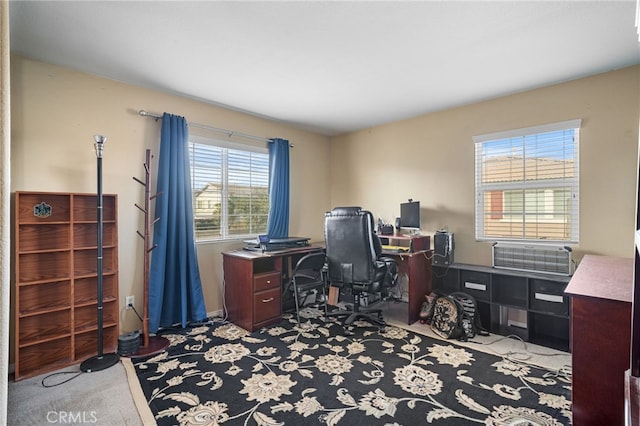 home office with light colored carpet