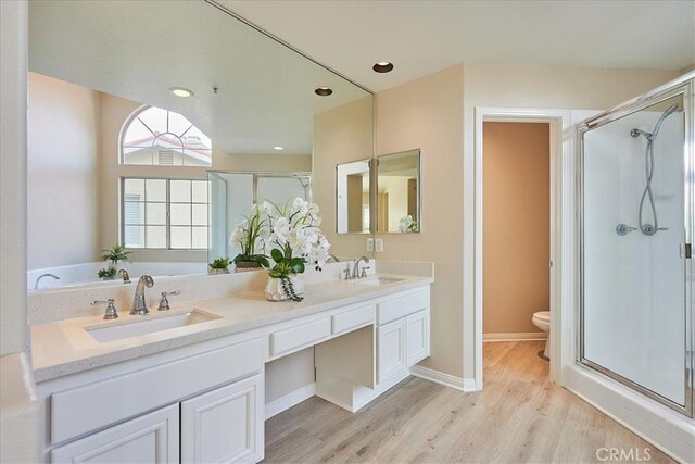 full bath featuring wood finished floors, a stall shower, a sink, and toilet