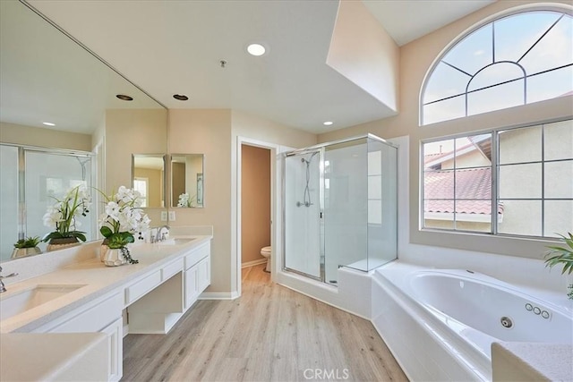 bathroom with toilet, a stall shower, a sink, and wood finished floors