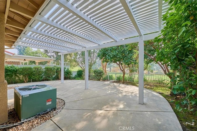 view of patio / terrace with central air condition unit, a fenced backyard, and a pergola