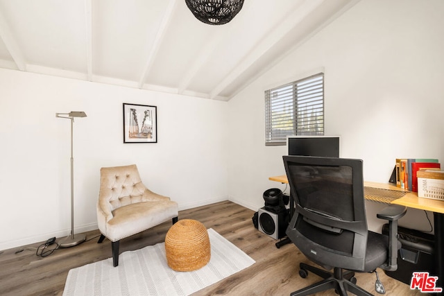 office with vaulted ceiling with beams and hardwood / wood-style flooring