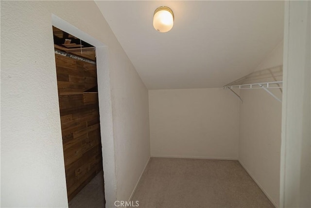 walk in closet with light colored carpet and vaulted ceiling