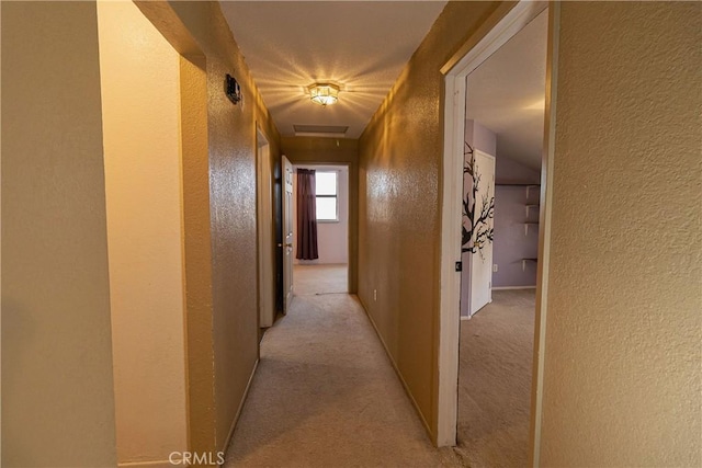 hallway featuring light carpet