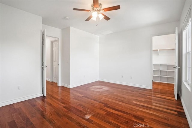 unfurnished bedroom with a closet, a walk in closet, dark hardwood / wood-style floors, and ceiling fan