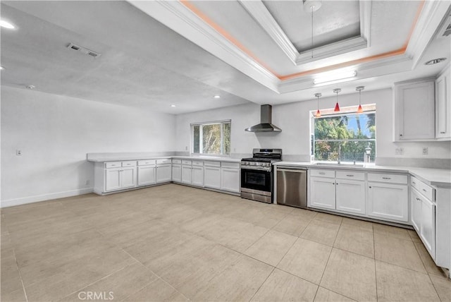 kitchen featuring a raised ceiling, white cabinets, wall chimney exhaust hood, and stainless steel appliances