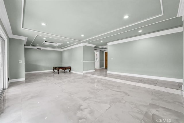 spare room featuring a raised ceiling, crown molding, and billiards