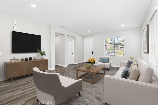 living room featuring dark wood-type flooring