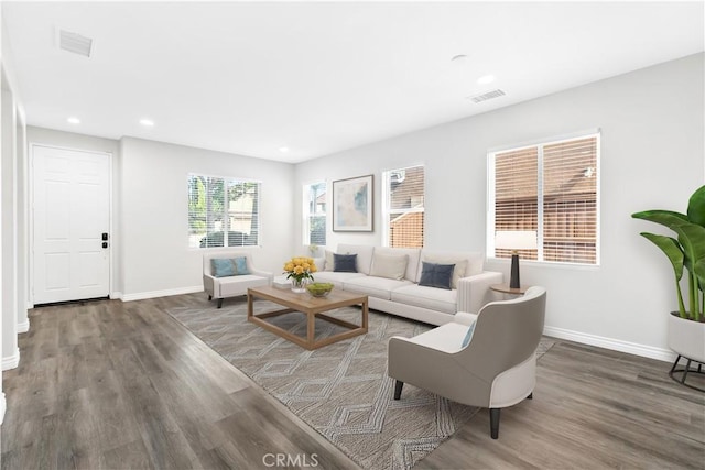 living room with dark hardwood / wood-style floors